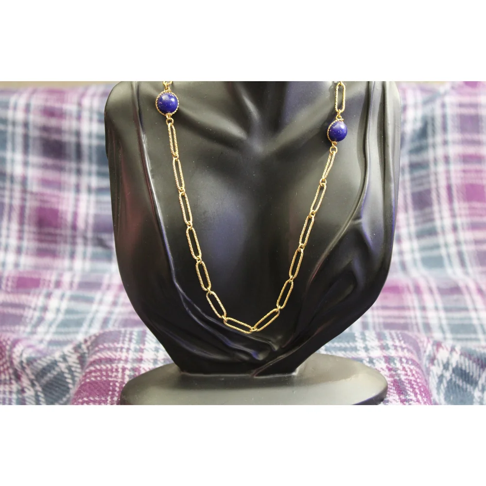 Vintage Blue Beaded Gold-tone Chain Necklace